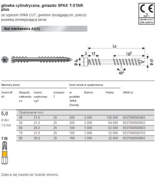 WKRĘT TARASOWY A2 (200) TX 5.0*40MM SPAX-D